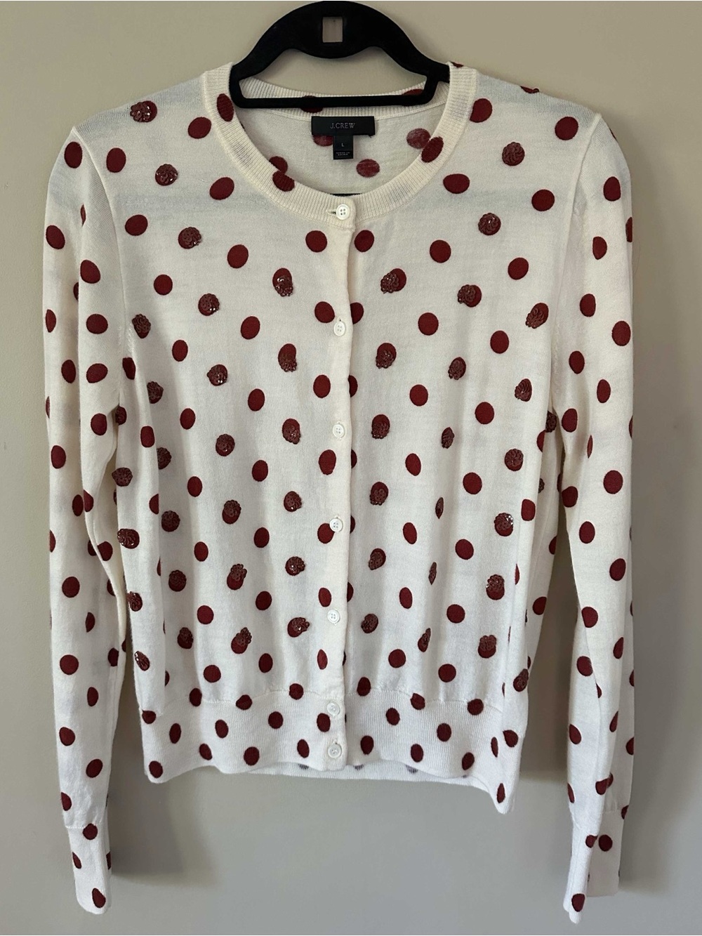 J. Crew 100% Merino Wool Polka Dot Sequin Tippi Cardigan Red Cream Large - Picture 1 of 10